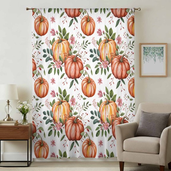 Thanksgiving Pumpkin Sheer Curtains 45 Inches Long, Orange Autumn Leaf Pink Floral Light Filering Curtains, Breathable Simi Curtain Privacy Drapes for Kitchen Bathroom Small Window Treatment
