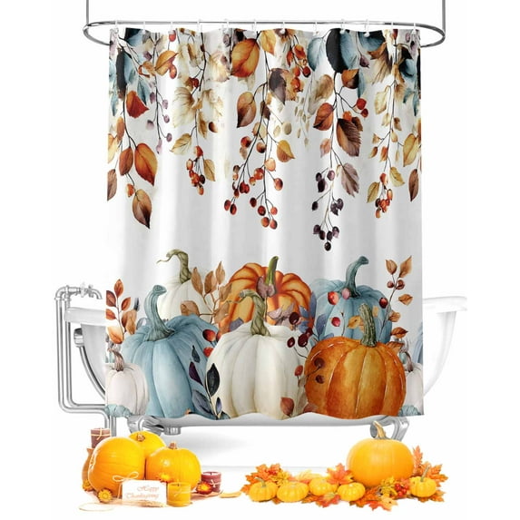 Thanksgiving Pumpkin Shower Curtain Set ,Waterproof Fabric Shower Curtains Eucalyptus Leaves Farmhouse Shower Curtains for Bathroom,Bathroom Decor 48"x72"
