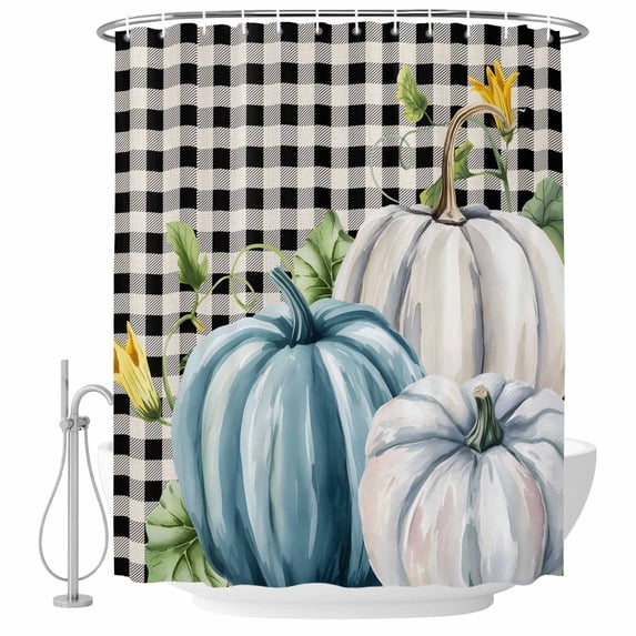 Thanksgiving Pumpkin Shower Curtain, Waterproof Shower Curtains for Bathroom, Blue White Fall Leaves Black Plaid Washable Fabric Bathtub Curtain Set Bath Decor with 12 Hooks Long 72"x84"