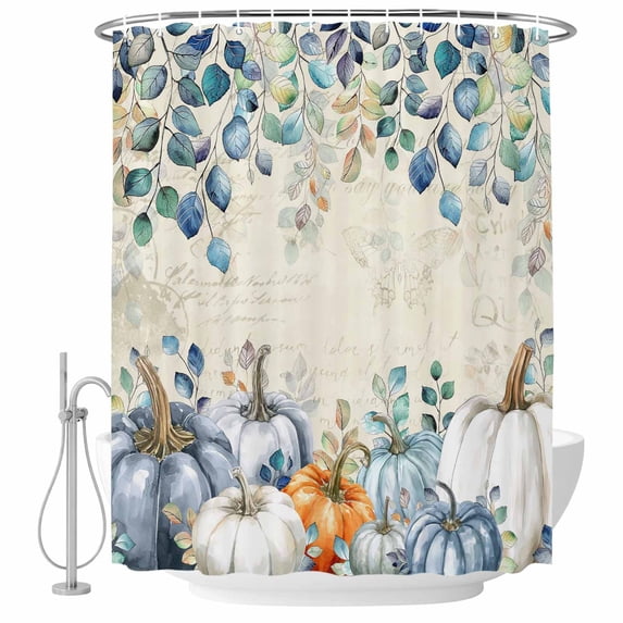 Thanksgiving Pumpkin Shower Curtain, Waterproof Shower Curtains for Bathroom, Fall Eucalyptus Leaves Retro Beige Washable Fabric Bathtub Curtain Set Bath Decor with 12 Hooks Extra Long 72"x96"