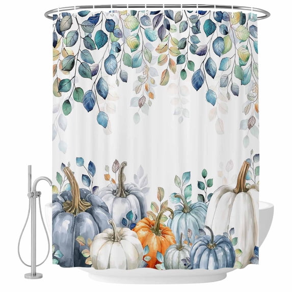 Thanksgiving Pumpkin Shower Curtain, Waterproof Shower Curtains for Bathroom, Fall Eucalyptus Pastoral Leaves Washable Fabric Bathtub Curtain Set Bath Decor with 12 Hooks 48"x72"