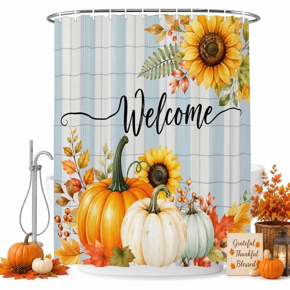 Thanksgiving Pumpkin Shower Curtain, Waterproof Shower Curtains for Bathroom, Fall Farmhouse Leaves Floral Plaid Blue Washable Fabric Bathtub Curtain Set Bath Decor with 12 Hooks Extra Long 72"x96"