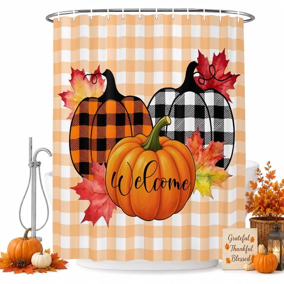 Thanksgiving Pumpkin Shower Curtain, Waterproof Shower Curtains for Bathroom, Fall Harvest Maple Leaf Plaid Orange Washable Fabric Bathtub Curtain Set Bath Decor with 12 Hooks Stall 36"x72"