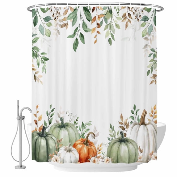 Thanksgiving Pumpkin Shower Curtain, Waterproof Shower Curtains for Bathroom, Fall Sage Green Eucalyptus Flower Washable Fabric Bathtub Curtain Set Bath Decor with 12 Hooks 72"x78"