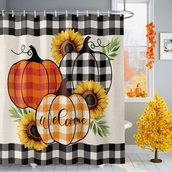 Thanksgiving Pumpkin Shower Curtains for Bathroom, Orange Black Plaid Pumpkin Sunflower Plaid Linen Texture Waterproof Fabric Shower Curtain for Bathroom Bathtub Decoration, Machine Washable, 36"x72"