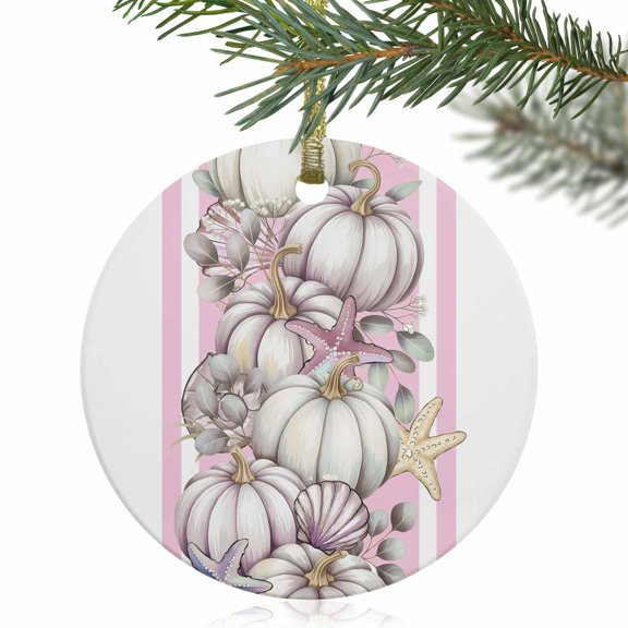 Thanksgiving Pumpkin Starfish Shell Flower Christmas Ceramic Ornament 2025,3" Round Xmas Tree Hanging Accessories with Gold Ribbon
