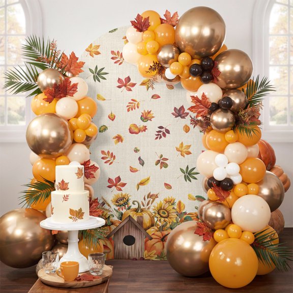 Thanksgiving Pumpkin Sunflower Barn Arch Backdrop Cover Spandex Fitted Arch Cover 6.6FT,Arches Backdrop Stand Covers for Wedding Birthday Party Ceremony Banquet Decoration Autumn Maple Leaves
