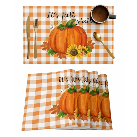 Thanksgiving Pumpkin Sunflower Placemats Set of 4 It's Fall Y'all Orange Plaid Heat Insulation Washable Place Mats, Rustic Non-Slip Table Mats for Dining Table Party Kitchen Decor,13x19 Inch