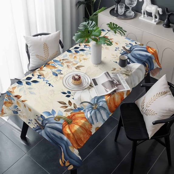 Thanksgiving Pumpkin Table Cloth Waterproof Tablecloths, Fall Blue White Orange Plants Tablecloth Dining Table Cover for Kitchen Party Tabletop Outdoor, Rectangle Tablecloth 60x120 Inch
