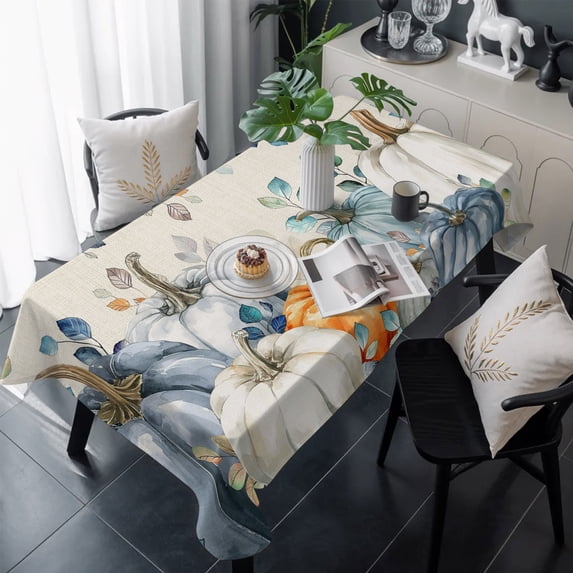 Thanksgiving Pumpkin Table Cloth Waterproof Tablecloths, Fall Eucalyptus Autumn Leaves Beige Tablecloth Dining Table Cover for Kitchen Party Tabletop Outdoor, Rectangle Tablecloth 54x108 Inch