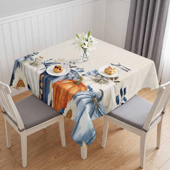 Thanksgiving Pumpkin Table Cloth Waterproof Tablecloths, Fall Farmhouse Eucalyptus Leaves Tablecloth Dining Table Cover for Kitchen Party Tabletop Outdoor, Square Tablecloth 60x60 Inch