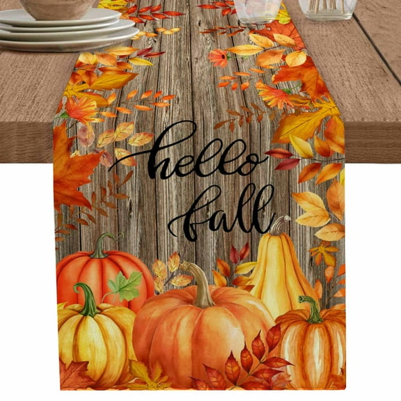 Thanksgiving Pumpkin Table Runner 108 Inches Long for Dining Table Decor,Orange Red Gold Leaf Brown Wood Burlap Linen Farmhouse Table Runner Coffee Table Runners Dresser for Kitchen Party Holiday