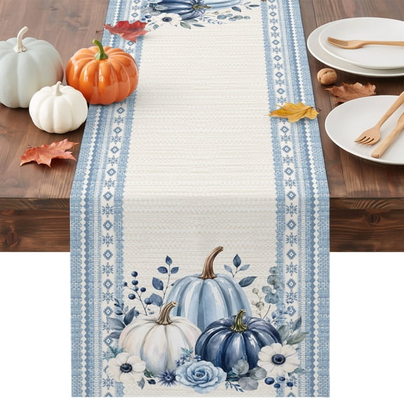 Thanksgiving Pumpkin Table Runner - 36 Inch Long Fall Blue Eucalyptus Country Flowers Cotton and Linen Blended Dress Scarves Farmhouse Table Runner for Kitchen Dining, Coffee Table, 13" x 36"