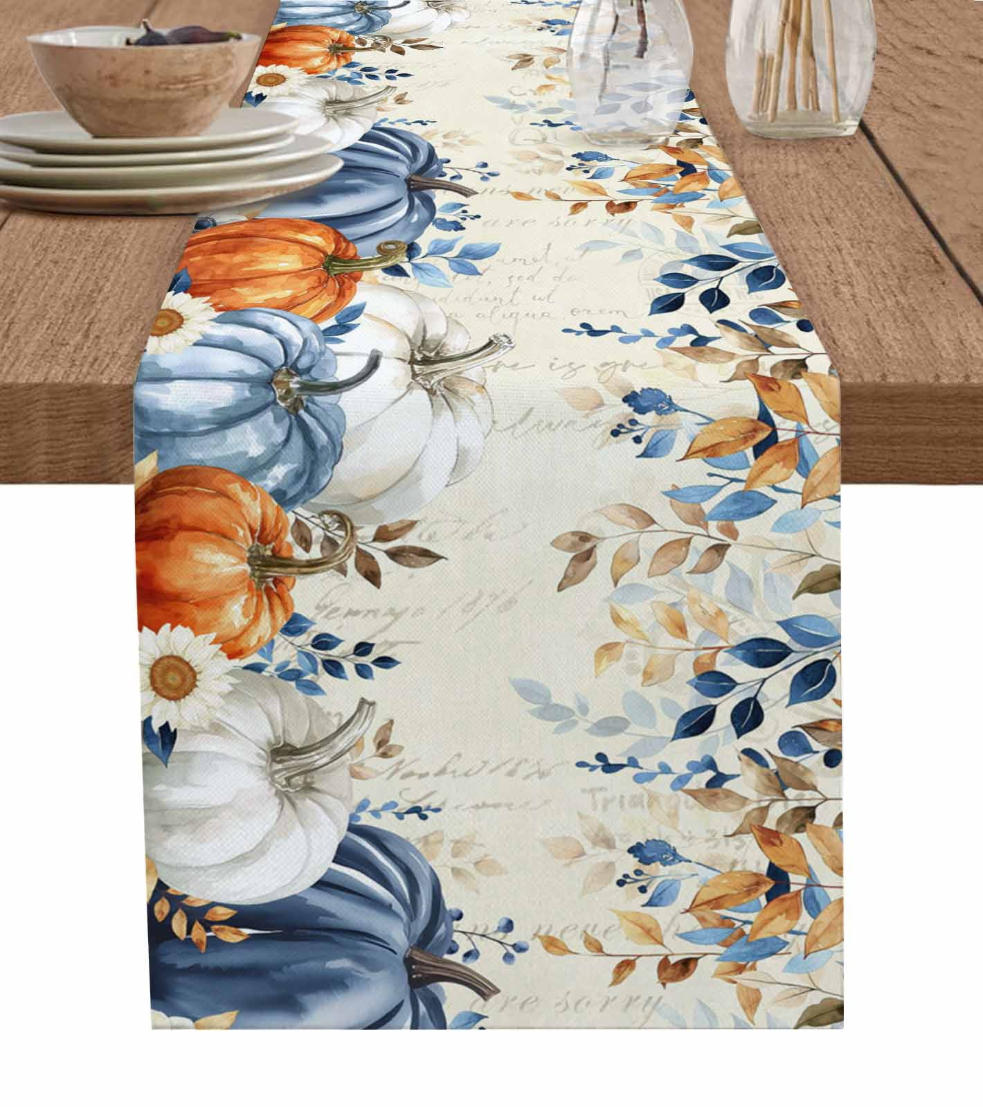 Thanksgiving Pumpkin Table Runner 72 Inches, Fall Blue White Orange ...