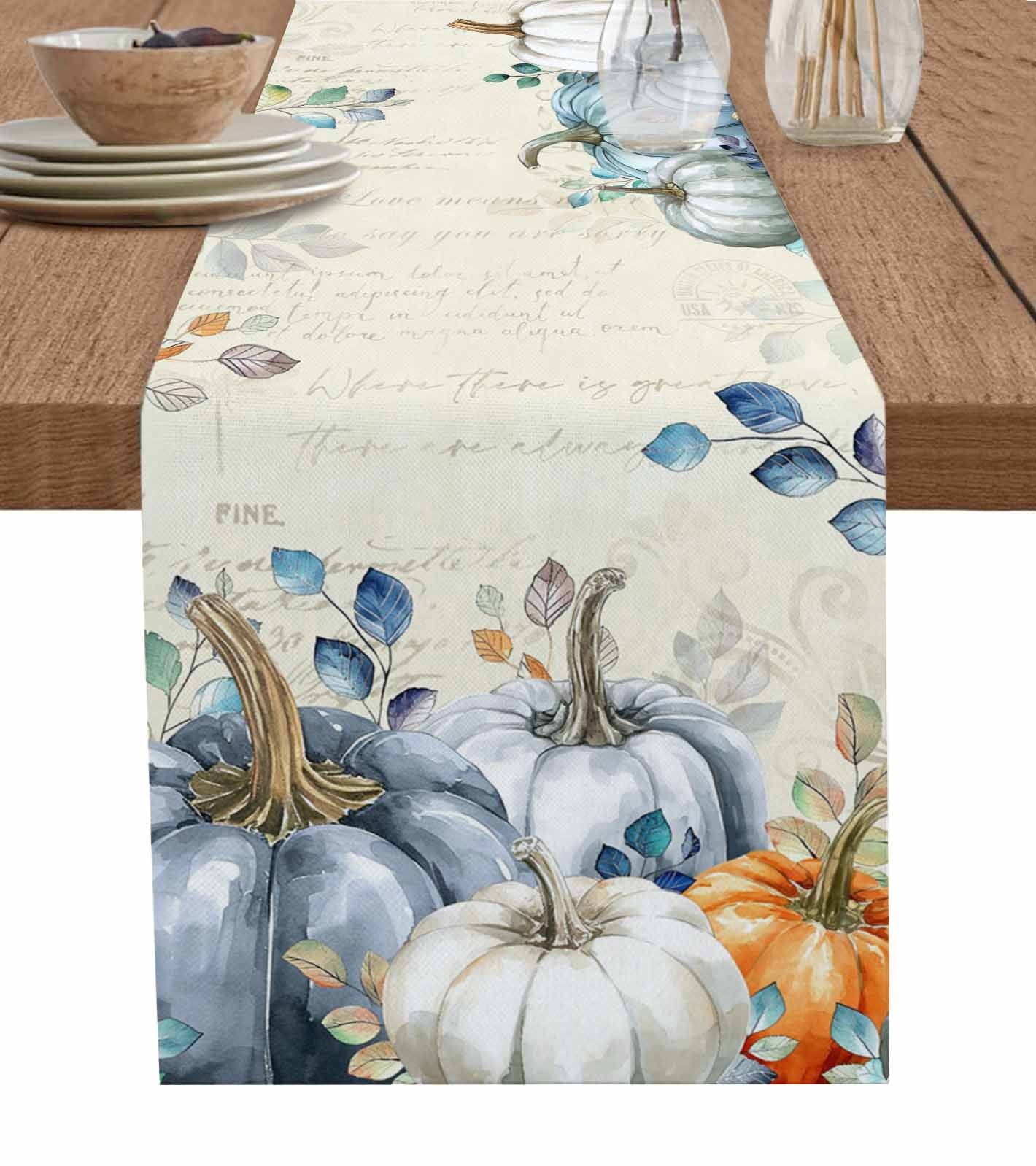 Thanksgiving Pumpkin Table Runner 72 Inches, Fall Eucalyptus Leaves ...