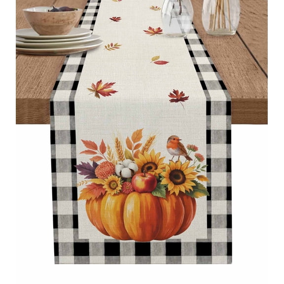 Thanksgiving Pumpkin Table Runner 90 Inches, Orange Fall Sunflower Bird Retro Check Bed Runner Dresser Scarves Tabletop for Indoor Outdoor Parties/Ceremony/Banquet, 13" x 90"