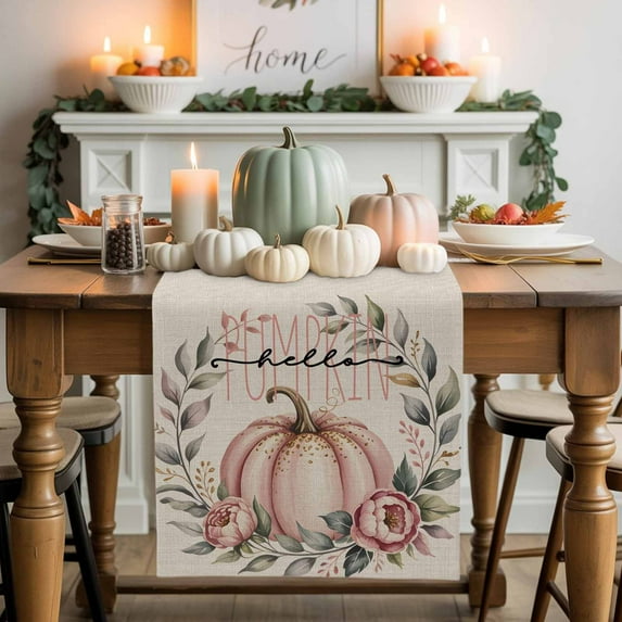 Thanksgiving Pumpkin Table Runner, Autumn Thanksgiving Kitchen Dining Table Decoration for Home Party Decor 13x90 Inches