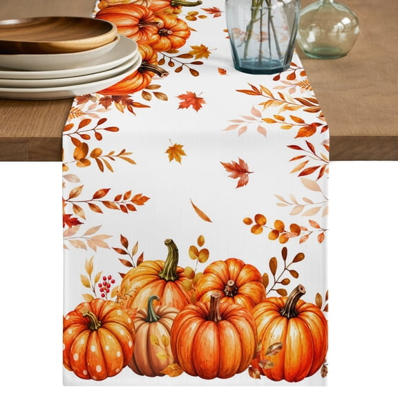 Thanksgiving Pumpkin Table Runner, Fall Country Harvest Farmhouse Maple Leaf Cotton Linen Table Cloth, Tablerunner for Kitchen Dining Party Wedding Home Decor 13x120 Inch