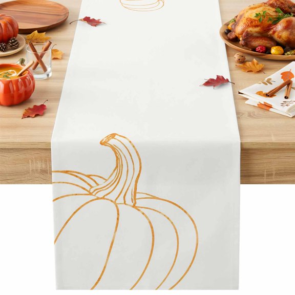 Thanksgiving Pumpkin Table Runner, Fall Cream Pumpkins Orange Outline Rustic Cotton Linen Kitchen Table Decoration Washable Dining Tabletop Runners for Home Party Decor 13x60 Inches