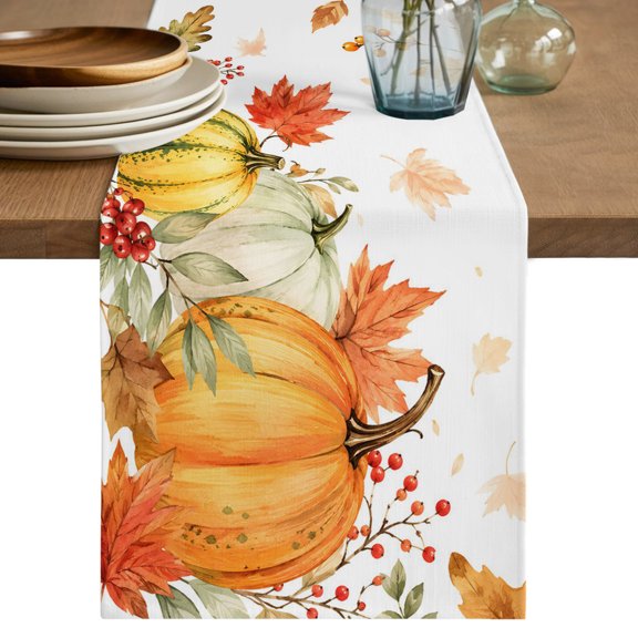 Thanksgiving Pumpkin Table Runner, Fall Harvest Farmhouse Red Maple Leaves Berry Cotton Linen Table Cloth, Tablerunner for Kitchen Dining Party Wedding Home Decor 13x90 Inch