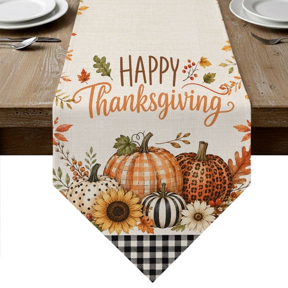 Thanksgiving Pumpkin Table Runner Linen Burlap Table Runner 72 Inches Long Fall Farmhouse Botanical Plaid Black Dresser Scarves for Kitchen Island Coffee Dining Room Party Holiday Decoration 18"x72"