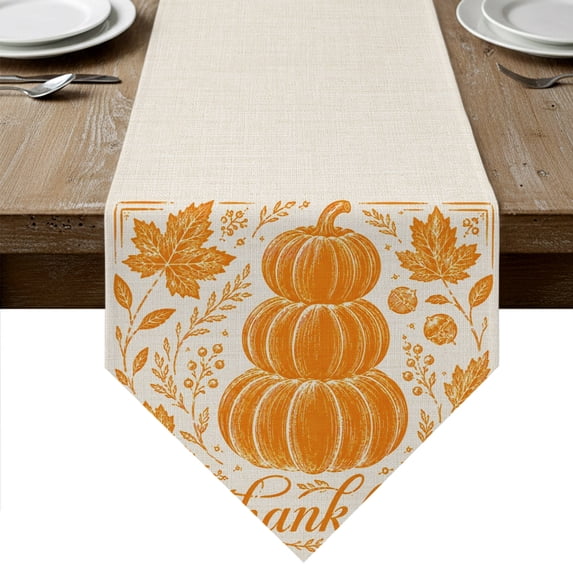 Thanksgiving Pumpkin Table Runner Linen Burlap Table Runner 72 Inches Long Farmhouse Orange Maple Leaves Dresser Scarves for Kitchen Island Coffee Dining Room Party Wedding Holiday Decoration 14"x72"