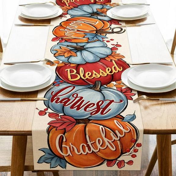 Thanksgiving Pumpkin Thankful Grateful Blessed Table Runner, Blue Fall Harvest Kitchen Dining Table Decoration, Autumn Seasonal Burlap Indoor Outdoor Home Decor Party Supply 13.8 x 71 Inches