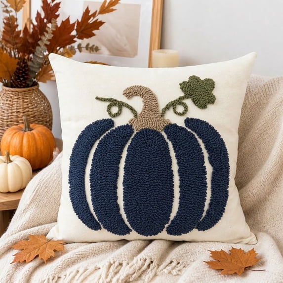 Thanksgiving Pumpkin Throw Pillow Cover 18x18 in, Tufted Embroidered Pillow Case, Decorative Cushion Case for Sofa Bed Home Decor, Blue