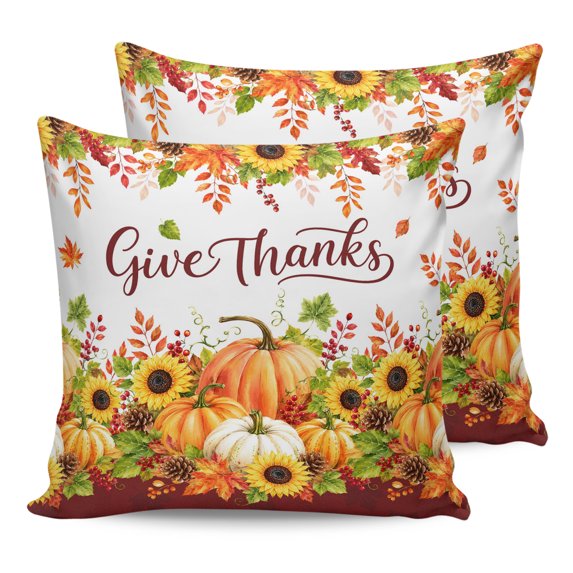 Thanksgiving Pumpkin Throw Pillows 16x16 Set of 2, Fall Sunflower Autumn Give Thanks Waterproof Outdoor Pillow Covers with Insert, Decorative Pillowcase Cushion for Couch, Sofa, Bed, Patio, Garden