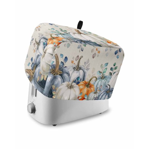 Thanksgiving Pumpkin Toaster Cover 2 Slice, Small Kitchen Appliance Covers, Fall Eucalyptus Autumn Leaves Beige Toaster Oven Cover with Loop, Bread Machine Cover Polyester Dust Cover Protection