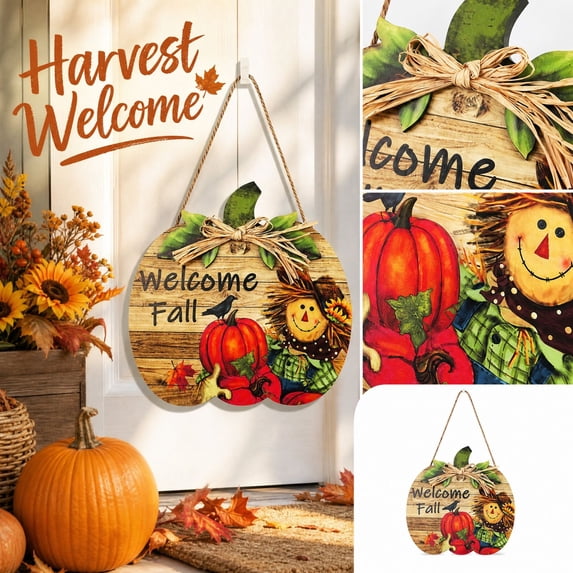 Thanksgiving Pumpkin Turkey Door Sign, Wooden Harvest Wall Hanging with Fall Floral Details, Front Door Entryway Decor for Home Porch Party, Seasonal Harvest Accent
