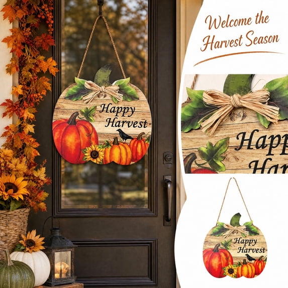 Thanksgiving Pumpkin Turkey Door Sign, Wooden Harvest Wall Hanging with Fall Floral Details, Front Door Entryway Decor for Home Porch Party, Seasonal Harvest Accent