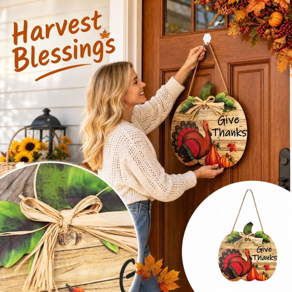 Thanksgiving Pumpkin Turkey Door Sign, Wooden Harvest Wall Hanging with Fall Floral Details, Front Door Entryway Decor for Home Porch Party, Seasonal Harvest Accent