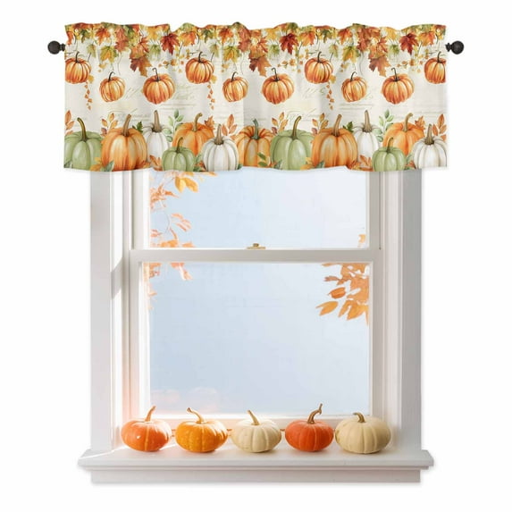 Thanksgiving Pumpkin Valances for Windows, 42 x 18in, Maple Leaves Retro Letter Texture Rod Pocket Kitchen Valance Curtain Light Filtering Window Treatments for Living Room Bedroom, 1 Panel
