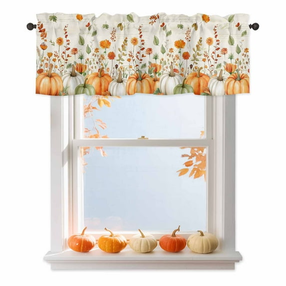Thanksgiving Pumpkin Valances for Windows, 42 x 18in, Wildflowers Leaves Retro Text Texture Rod Pocket Kitchen Valance Curtain Light Filtering Window Treatments for Living Room Bedroom, 1 Panel