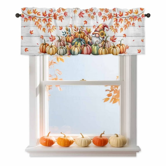 Thanksgiving Pumpkin Valances for Windows, 54 x 18in, Fall Gnome Maple Leaves Wood Texture Rod Pocket Kitchen Valance Curtain Light Filtering Window Treatments for Living Room Bedroom, 1 Panel