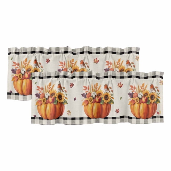 Thanksgiving Pumpkin Valances for Windows, Decorative Rod Pocket Window Valance Curtains, Orange Fall Sunflower Bird Retro Check Short Curtain Drapes for Kitchen/Living Room, 2 Panels, 54" W x 18" L