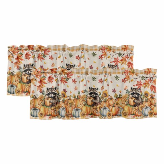 Thanksgiving Pumpkin Valances for Windows, Decorative Rod Pocket Window Valance Curtains, Raccoon Fall Maple Leaf Retro Check Short Curtain Drapes for Kitchen/Living Room, 2 Panels, 42" W x 12" L