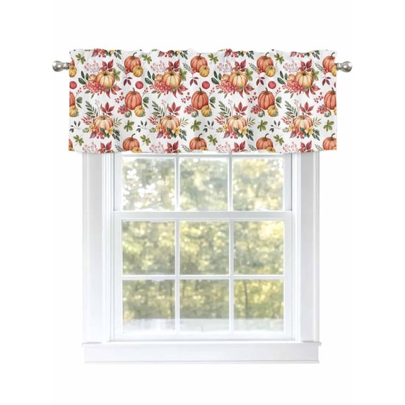 Thanksgiving Pumpkin Valances for Windows Fall Countryside Watercolor Leaf Floral Rod Pocket Curtains Valance Short Window Treatment Drapes for Living Room, Bedroom Bathroom 60" W x 14" L