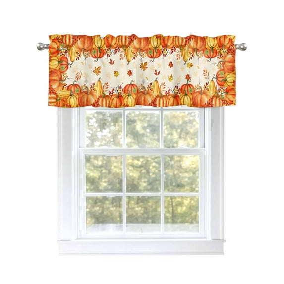 Thanksgiving Pumpkin Valances for Windows Fall Deciduous Retro Beige Texture Kitchen Valance Curtain Rod Pocket Small Curtains for Cafe Bathroom Laundry Basement 54" x 18"