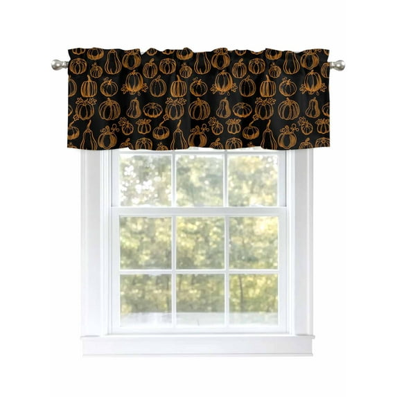 Thanksgiving Pumpkin Valances for Windows Fall Hand Drawn Pumpkin Black Rod Pocket Curtains Valance Short Window Treatment Drapes for Living Room, Bedroom Bathroom 42" W x 18" L