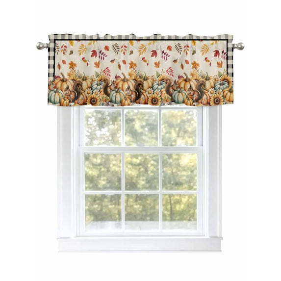 Thanksgiving Pumpkin Valances for Windows Fall Leaf Squirrel Black Plaid Linen Rod Pocket Curtains Valance Short Window Treatment Drapes for Living Room, Bedroom Bathroom 42" W x 12" L