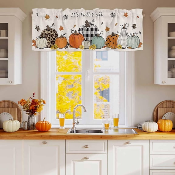 Thanksgiving Pumpkin Valances for Windows,Fall Maple Leaves Orange Kitchen Valance Curtain,Sunflower Rod Pocket Valances Vintage Linen Short Window Treatment for Bedroom Living Room 1 Panel 54" X 18"
