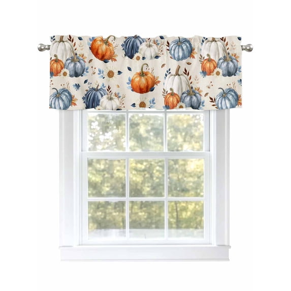 Thanksgiving Pumpkin Valances for Windows Fall Sunflower Leaves Linen Texture Rod Pocket Curtains Valance Short Window Treatment Drapes for Living Room, Bedroom Bathroom 60" W x 14" L