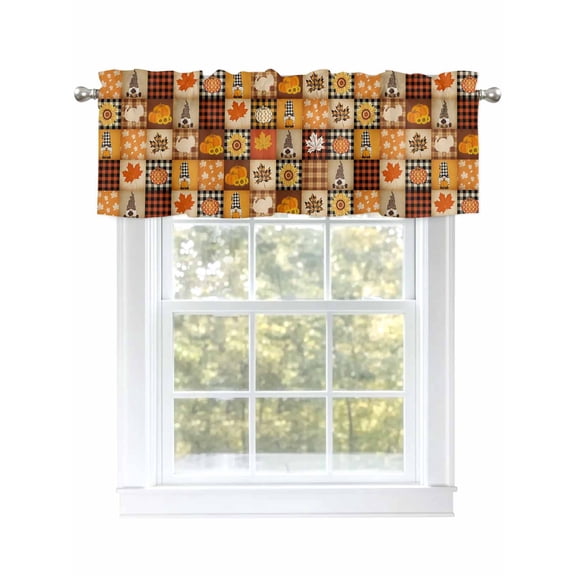 Thanksgiving Pumpkin Valances for Windows Maple Leaf Gnome Fall Plaid Patchwork Rod Pocket Curtains Valance Short Window Treatment Drapes for Living Room, Bedroom Bathroom 60" W x 18" L