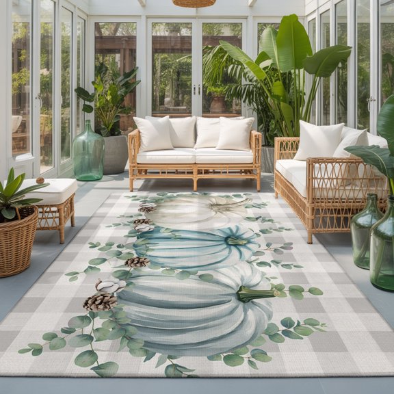 Thanksgiving Pumpkin Washable Area Rugs 3'x5', Autumn White Green Pumpkin Eucalyptus Leaf Grey Plaid Washable Throw Living Room Rug Non-Slip Sturdy Edge Binding Carpet for Indoor Entryway Kitchen