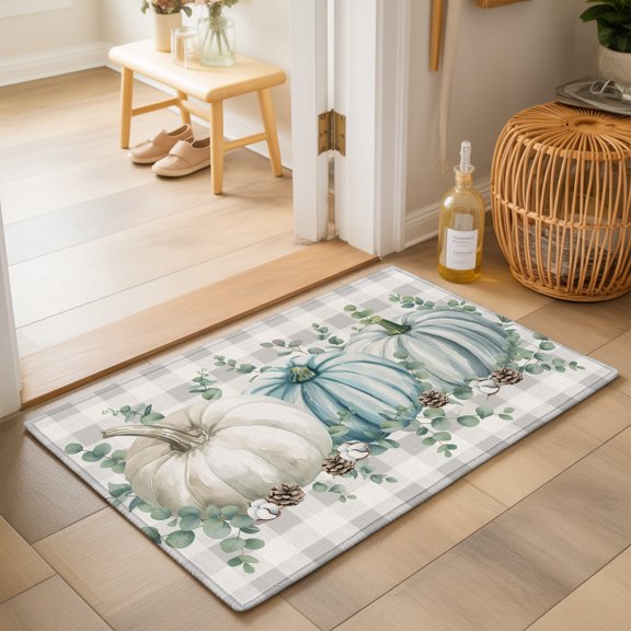 Thanksgiving Pumpkin Washable Small Entryway Area Rugs 2'x3', Autumn White Green Pumpkin Eucalyptus Leaf Grey Plaid Washable Throw Rug Non-Slip Sturdy Carpet for Front Door Floor Room Entry