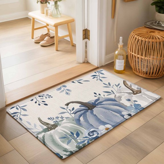 Thanksgiving Pumpkin Washable Small Entryway Area Rugs 2'x3', Vintage Farmhouse Blue Green Pumpkin Leaf Linen Washable Throw Rug Non-Slip Sturdy Edge Binding Carpet for Front Door Floor Room Entry