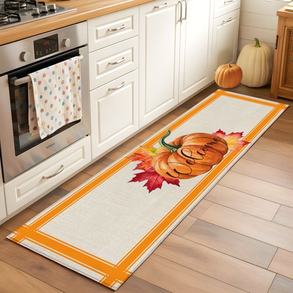 Thanksgiving Pumpkin Welcome Quote Rectangle Area Rug 2x6ft,Living Room Rug Non-Slip Washable Circle Rugs Pad,Fall Maple Leaf Orange Soft Floor Carpet for Bedroom Dining Room