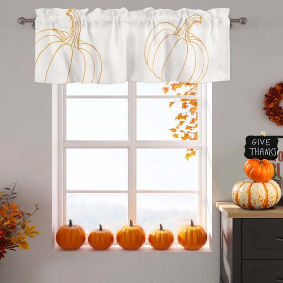 Thanksgiving Pumpkin Window Valance for Kitchen, Fall Cream Pumpkins Orange Outline Rustic Rod Pocket Short Curtains for Bathroom Bedroom Small Window, Light Filtering Decorative Valances, 54x18 Inch